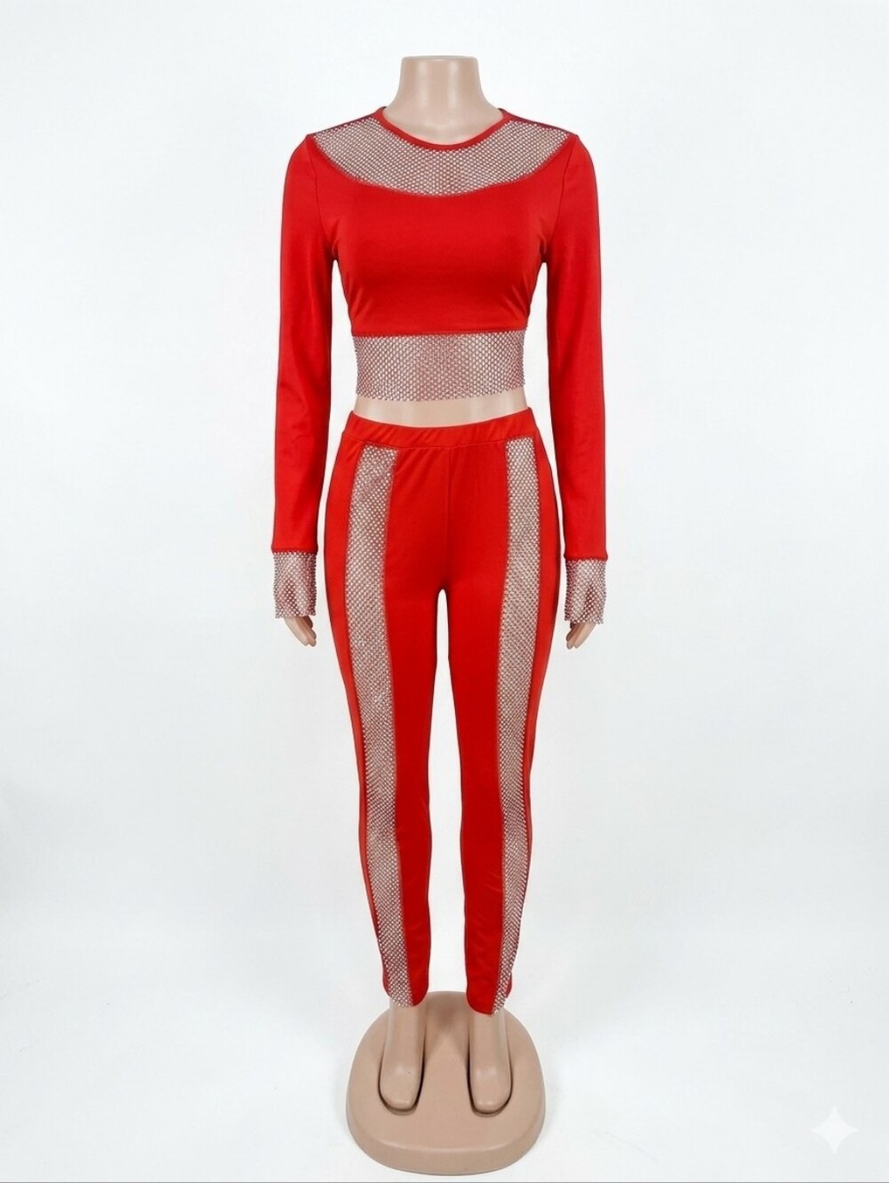 Red Mesh Inset Two-Piece Jumpsuit Set
